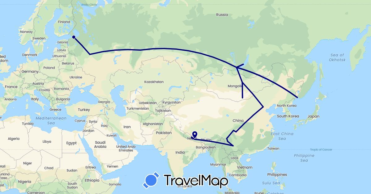 TravelMap itinerary: driving in China, Mongolia, Nepal, Russia (Asia, Europe)